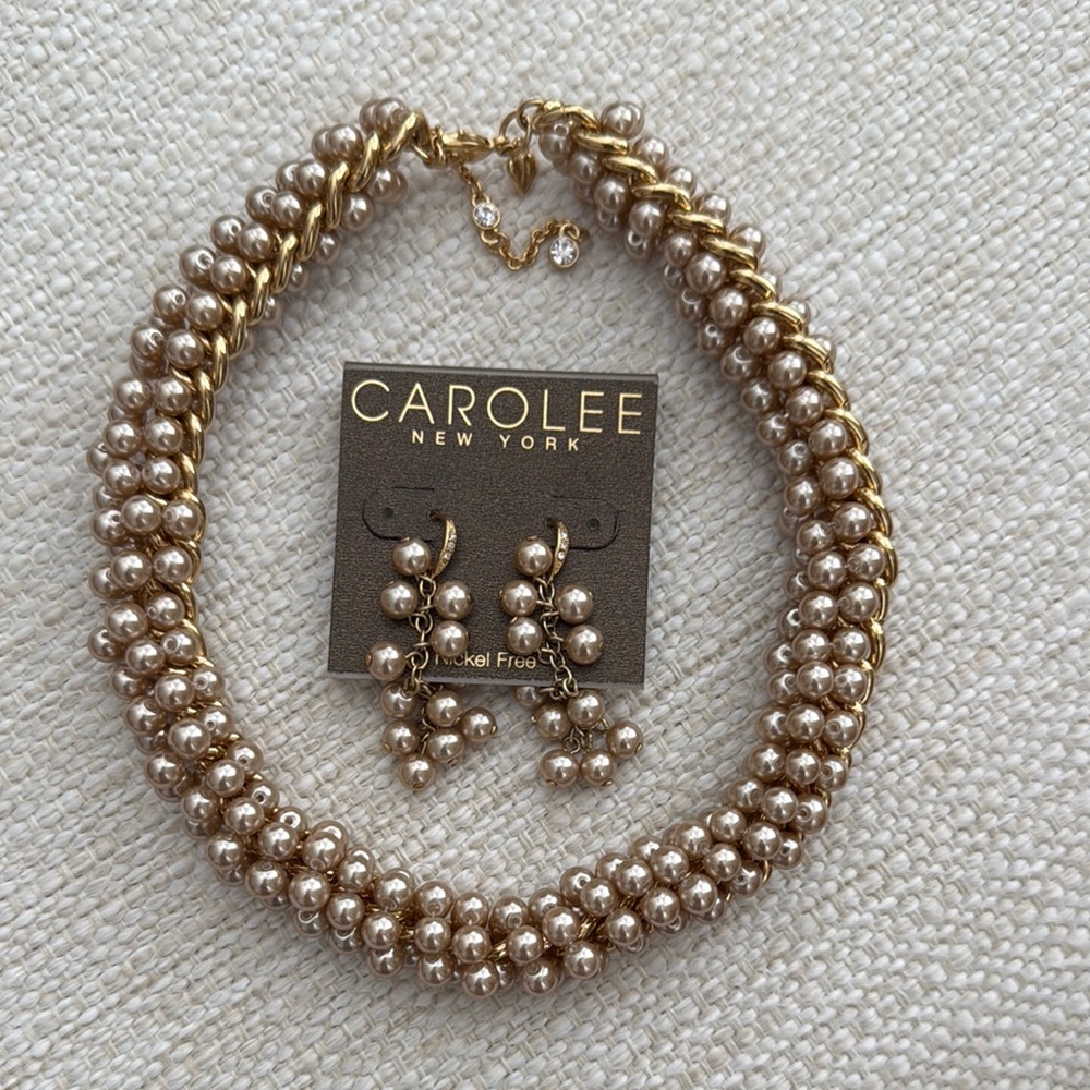 Carolee Gold and Cream Pearl Necklace and Earring Set